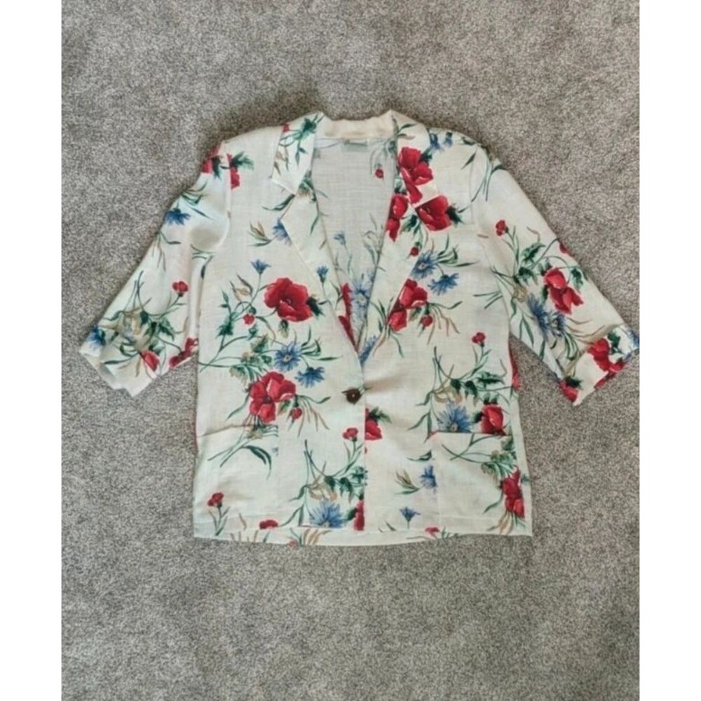Vintage Joanna Floral Linen-Look Blazer • 3/4 Cuffed Sleeves